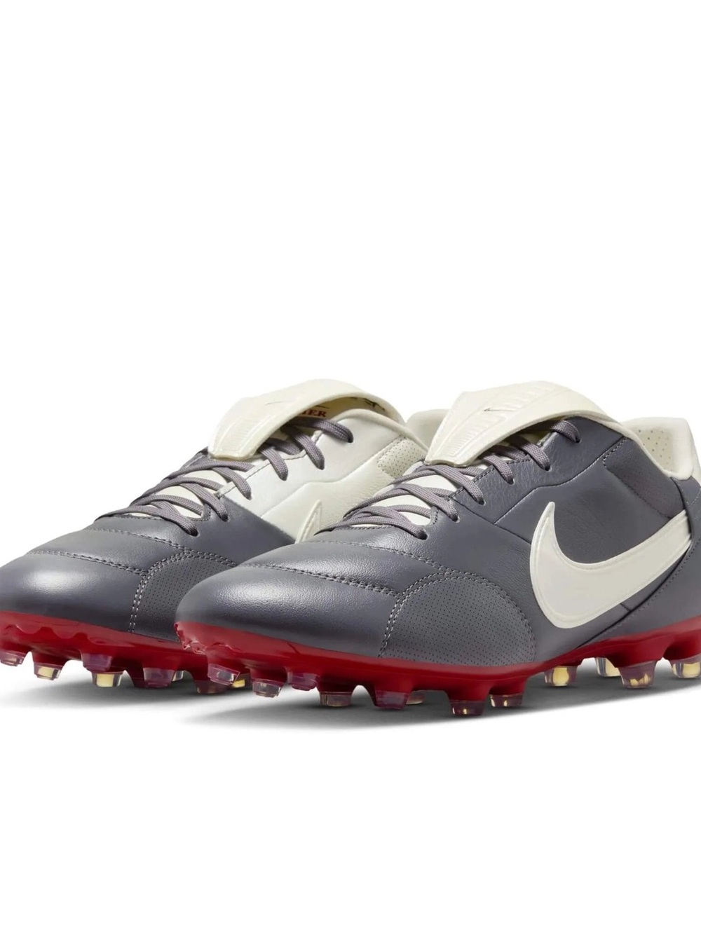 Brand New Nike Premier 3 FG soccer cleats in a Light Graphite/White/Varsity Red